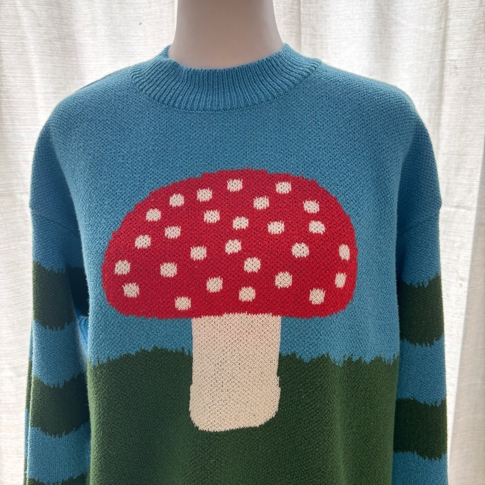 Zara Mushroom Toadstool Knit Sweater Size Medium Blue Green Pullover - Picture 4 of 10